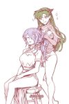  2girls armor blush breasts camilla_(fire_emblem_if) cleavage cosplay costume_switch fire_emblem fire_emblem:_rekka_no_ken fire_emblem_heroes fire_emblem_if gloves green_eyes green_hair hair_over_one_eye highres large_breasts liefe long_hair lyndis_(fire_emblem) lyndis_(fire_emblem)_(cosplay) multiple_girls purple_hair smile tiara very_long_hair wavy_hair 