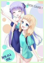  2016 2girls :d arm_up black_dress blonde_hair blue_eyes blue_ribbon blue_shirt closed_eyes copyright_name dated dress eyebrows_visible_through_hair grey_shorts hair_ribbon kaieee long_hair multiple_girls new_game new_game! open_mouth purple_hair ribbon sakura_nene shirt short_dress short_shorts short_sleeves shorts signature smile standing suzukaze_aoba twintails very_long_hair 