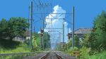  blue_sky clouds commentary_request day fence grass house mac_naut no_humans original outdoors plant power_lines railroad_crossing railroad_tracks road_sign rural scenery sign sky summer telephone_pole tree 