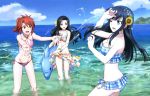  3girls :d ;d absurdres beach bikini bikini_skirt black_hair blue_bikini blue_eyes breasts chiba_erika cleavage collarbone day floating_hair flower frilled_bikini frills groin hair_flower hair_ornament hair_ribbon halterneck highres inflatable_dolphin inflatable_toy ishii_kaori long_hair mahouka_koukou_no_rettousei medium_breasts multiple_girls navel ocean one_eye_closed open_mouth outdoors pink_bikini ponytail red_eyes redhead ribbon saegusa_mayumi sarong shiba_miyuki side-tie_bikini smile standing strapless strapless_bikini sunflower swimsuit very_long_hair wading white_ribbon yellow_flower yellow_ribbon 