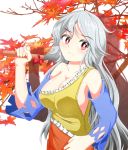  1girl aospanking autumn_leaves bare_shoulders bow breasts cleavage detached_sleeves frills frown hatchet holding large_breasts long_hair oriental_hatchet red_bow red_eyes sakata_nemuno shadow sideboob silver_hair single_strap solo touhou tree upper_body wavy_hair white_background 