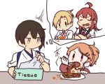  4girls age_regression ahoge aquila_(kantai_collection) arashi_(kantai_collection) betchan blonde_hair brown_eyes brown_hair eating food fork green_eyes hair_ornament hairclip japanese_clothes kaga_(kantai_collection) kantai_collection long_hair maikaze_(kantai_collection) multiple_girls pasta plate ponytail redhead short_hair side_ponytail surprised sweatdrop tissue_box white_background younger 