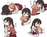  ! 2girls age_regression akagi_(kantai_collection) aquila_(kantai_collection) betchan brown_eyes brown_hair climbing closed_eyes eating hair_ornament hairclip hug japanese_clothes kantai_collection long_hair multiple_girls ponytail skirt sleeping thigh-highs white_background younger 