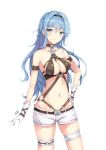  1girl belt blue_eyes blue_hair breasts eyebrows_visible_through_hair gloves grin hair_between_eyes halterneck hand_on_hip highres long_hair looking_at_viewer medium_breasts navel revealing_clothes short_shorts shorts smile solo sterett_(zhan_jian_shao_nyu) thigh_strap very_long_hair white_gloves white_shorts zhan_jian_shao_nyu zhudacaimiao 