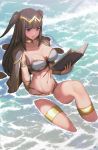  1girl alternate_costume armlet beach bikini black_eyes black_hair book bracer breasts cape choker cleavage fire_emblem fire_emblem:_kakusei highres hime_cut jewelry mynare navel parted_lips partially_submerged ring solo stomach sunlight swimsuit tharja thigh_strap tiara twintails water wet 