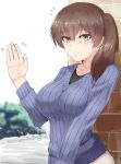  1girl bangs blurry blurry_background blush breasts brick_wall brown_eyes bush collarbone expressionless eyebrows_visible_through_hair highres kaga_(kantai_collection) kantai_collection large_breasts looking_at_viewer medium_hair ninoude_(ninoude44) parted_bangs ribbed_sweater side_ponytail solo sweater upper_body waving 