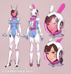  1girl alternate_headwear animal_ears animal_helmet ankle_wings bodysuit brown_eyes brown_hair d.va_(overwatch) full_body helmet manda_schank multiple_views overwatch rabbit_ears ribbed_bodysuit solo spacesuit visor whisker_markings 