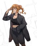  1girl bangs brown_eyes brown_hair coat cropped_legs idolmaster idolmaster_cinderella_girls jewelry k52 looking_at_viewer midriff moroboshi_kirari necklace pencil_skirt ponytail sidelocks simple_background skirt solo tank_top 