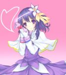  1girl bag bangs blue_eyes blue_hair capelet closed_mouth commentary_request dress flower gloves gradient gradient_background hair_flower hair_ornament heart holding lely light_smile long_sleeves looking_at_viewer medium_dress original purple_background purple_dress short_hair solo standing sugar_satellite touhou upper_body white_capelet white_gloves 