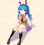  1girl alternate_costume animal_ears arm_support black_legwear blue_hair blush breasts closed_mouth collared_shirt drill_hair highres long_hair looking_at_viewer medium_breasts necktie purple_skirt rabbit_ears red_eyes red_necktie rin_falcon school_uniform seiran_(touhou) shirt sitting skirt smile socks solo sweater_vest touhou white_shirt 