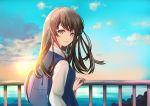  1girl backpack bag blue_sky blue_vest brown_eyes brown_hair clouds day eyelashes hand_on_railing long_hair long_sleeves looking_at_viewer looking_back ocean original outdoors parted_lips railing sheepd shirt sky solo sunset upper_body vest white_shirt 