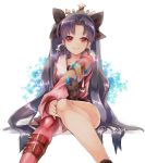  1girl bangs belt belt_buckle black_hair buckle creature earrings eyebrows_visible_through_hair fate/grand_order fate_(series) fur_trim hair_ornament hair_ribbon hand_on_own_knee hoop_earrings ishtar_(fate/grand_order) ishtar_(swimsuit_rider)_(fate) jacket jewelry knees_together_feet_apart long_hair long_sleeves looking_at_viewer nigo parted_bangs pink_legwear red_eyes ribbon simple_background single_thighhigh sitting smile solo thigh-highs tohsaka_rin twintails twitter_username very_long_hair white_background 