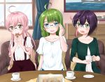  adjusting_glasses ahoge alternate_costume bangs blue_eyes blunt_bangs blush braid brown_eyes casual chest_of_drawers collarbone couch cup curtains dress eating eyebrows_visible_through_hair food glasses green_dress green_eyes green_hair hair_bun holding holding_cup holding_food indoors kantai_collection long_hair looking_at_another makigumo_(kantai_collection) model_ship multicolored_hair okinami_(kantai_collection) open_mouth painting_(object) parted_bangs pillow pink_hair purple_hair reflection shirt short_hair short_sleeves sitting smile suspenders table teacup teeth tongue twintails umino_haruka_(harukaumino6) window yuugumo_(kantai_collection) 