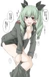  1girl anchovy anzio_military_uniform bangs black_ribbon black_shirt blush bra breasts cleavage commentary dress_shirt drill_hair elf_(stroll_in_the_woods) girls_und_panzer graphite_(medium) green_hair grey_jacket grey_pants hair_ribbon highres jacket long_hair long_sleeves looking_at_viewer medium_breasts military military_uniform open_clothes open_jacket open_mouth open_shirt pants pants_pull red_eyes ribbon shirt smile solo standing traditional_media translated twin_drills twintails underwear uniform white_bra 