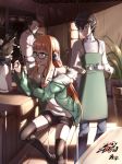  1girl 2boys :d absurdres apron black_boots black_legwear boots cafe cat gins highres indoors multiple_boys open_mouth persona persona_5 sakura_futaba sitting smile thigh-highs wooden_floor 