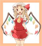  1girl :d absurdres ascot blonde_hair blush eyebrows_visible_through_hair flandre_scarlet hat highres long_hair mukuroi open_mouth puffy_sleeves red_eyes red_skirt short_hair side_ponytail skirt smile solo touhou wings 