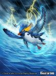 bird blue_eyes clouds cloudy_sky copyright_name electricity feathered_wings force_of_will misa_tsutsui no_humans official_art rain sky water wings 
