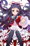  1girl bangs black_legwear bow fingernails flower frilled_skirt frills gradient gradient_eyes higanbana_(higanbana_no_saku_yoru_ni) higanbana_no_saku_yoru_ni highres kamaboko_red long_fingernails long_hair looking_at_viewer multicolored multicolored_eyes outstretched_hand purple_hair red_eyes ribbon sitting skirt smile solo spider_lily thigh-highs transparent_background violet_eyes 