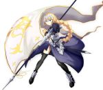  1girl armor armored_dress banner black_legwear blonde_hair blue_eyes braid fate_(series) full_body highres holding holding_weapon long_hair ruler_(fate/apocrypha) sheath sheathed simple_background single_braid solo standing swrod thigh-highs very_long_hair weapon white_background 