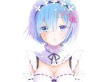  1girl black_hairband black_ribbon blue_eyes blue_hair breasts choker cleavage detached_sleeves eyebrows_visible_through_hair hair_ribbon hairband harime_nui head_tilt head_wreath medium_breasts neck_ribbon parted_lips pink_ribbon portrait re:zero_kara_hajimeru_isekai_seikatsu rem_(re:zero) ribbon ribbon-trimmed_sleeves ribbon_trim short_hair simple_background solo tears uonuma_yuu white_background 