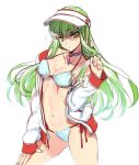  1girl bikini breasts c.c. code_geass creayus green_hair hat jacket long_hair looking_at_viewer navel simple_background solo striped swimsuit yellow_eyes 