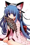  1girl animal_ears bangs blue_eyes blue_hair blunt_bangs blush cat_ears cherry_blossoms child fan floral_print furude_rika hairband highres higurashi_no_naku_koro_ni japanese_clothes kamaboko_red kimono long_hair looking_at_viewer paw_print petals pink_kimono ribbon sitting smile solo 