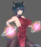  1girl animal_ears bare_shoulders blue_eyes breasts cat_ears cat_tail chains collar earrings grey_background grin highres jewelry large_breasts looking_at_viewer miura_hajime original pantyhose short_hair sideboob simple_background slit_pupils smile solo tail thighs twitter_username 