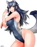  1girl alternate_costume animal_ears arched_back bangs black_hair blue_eyes blush breasts dated ears extra_ears eyebrows_visible_through_hair from_side gradient_hair grey_hair grey_wolf_(kemono_friends) hair_between_eyes happa_(cloverppd) heterochromia hips kemono_friends long_hair looking_at_viewer medium_breasts multicolored_hair one-piece_swimsuit outline shiny shiny_hair shiny_skin signature simple_background smile solo streaked_hair swimsuit tail thighs very_long_hair white_background wolf_ears wolf_tail yellow_eyes 
