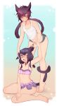  2girls absurdres animal_ears bangs barefoot bikini black-framed_eyewear black_hair black_shorts blush braid breasts cat_ears cat_tail coffeechicken commentary eyebrows_visible_through_hair facial_mark final_fantasy final_fantasy_xiv freckles frilled_bikini frills full_body glasses grin hair_between_eyes halterneck hand_on_own_leg heart_cutout highres leaning_forward long_hair looking_up midriff miqo&#039;te multicolored_hair multiple_girls musical_note navel one_eye_closed open_mouth pink_eyes playing_with_another&#039;s_ears quaver redhead round_glasses shirt short_hair short_shorts shorts sitting sleeveless sleeveless_shirt slit_pupils small_breasts smile standing swept_bangs swimsuit tail tank_top tiptoes twin_braids wariza white_shirt 