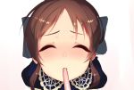  1girl bangs blush bow brown_hair closed_eyes commentary_request food hair_bow idolmaster idolmaster_cinderella_girls long_hair parted_bangs pocky pocky_kiss pov sabi_wasabi shared_food solo tachibana_arisu 