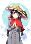  1girl ajirogasa aospanking bangs black_hair braid buttons capelet clothes_writing dress earlobes grey_dress hair_tie hands_together hat long_hair long_sleeves looking_at_viewer red_eyes red_ribbon ribbon smile snow snowflakes solo touhou twin_braids white_background yatadera_narumi 