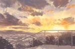  berabou city clouds cloudy_sky limited_palette no_humans outdoors plant railing scenery sky stairs sunlight sunset tree 
