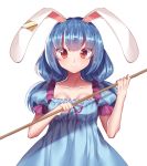  1girl absurdres animal_ears blue_dress blue_hair breasts cleavage collarbone cowboy_shot dress ear_clip gem_oblivion highres holding kine looking_at_viewer low_twintails medium_breasts puffy_short_sleeves puffy_sleeves rabbit_ears red_eyes seiran_(touhou) short_sleeves simple_background smile solo touhou twintails white_background 