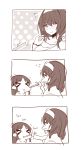  &gt;_&lt; 2girls 3koma bangs blush closed_eyes comic food greyscale highres idolmaster idolmaster_cinderella_girls long_hair monochrome multiple_girls parted_bangs pocky pocky_kiss pov sabi_wasabi sagisawa_fumika shared_food silent_comic tachibana_arisu yuri 