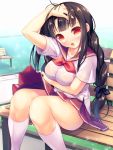  1girl :o arm_up bangs bench black_hair blue_bow blunt_bangs blush bow bra bra_through_clothes braid breasts commentary_request day eyebrows_visible_through_hair fanning_crotch hair_bow hand_in_hair highres kneehighs lace-trimmed_bow large_breasts long_hair looking_at_viewer nametakenoko neckerchief open_mouth original outdoors park pleated_skirt polka_dot polka_dot_bra red_eyes red_neckerchief red_skirt school_uniform see-through serafuku shirt short_sleeves single_braid sitting sitting_on_bench skirt skirt_lift solo sweat tareme underwear very_long_hair white_legwear white_shirt 