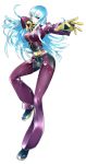  1girl absurdres belt blue_hair blunt_ends bodysuit cai-man chaps cropped_jacket fighting_stance foreshortening gloves highres kula_diamond long_hair outstretched_arm pants red_eyes shoes simple_background snk solo the_king_of_fighters very_long_hair white_background yellow_gloves 