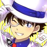  1boy bangs blue_eyes blue_shirt brown_hair cape card close-up face gloves grin hair_between_eyes hand_on_headwear hat kaitou_kid kuroba_kaito looking_at_viewer magic_kaito male_focus monocle necktie one_eye_closed red_necktie sekina shirt smile solo top_hat white_gloves white_hat yellow_background 