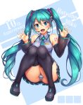  1girl aqua_hair aqua_necktie bare_shoulders black_legwear black_skirt blue_eyes blush breasts detached_sleeves eyebrows_visible_through_hair full_body hair_between_eyes hair_ornament hands_up hatsune_miku highres knees_together_feet_apart large_breasts long_hair looking_at_viewer microphone microskirt necktie open_mouth panties pantyshot pantyshot_(sitting) pleated_skirt sitting skirt smile snowcanvas solo striped striped_panties thigh-highs twintails underwear very_long_hair vocaloid 