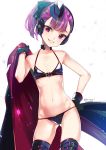  1girl artist_name bikini black_bikini black_gloves bow contrapposto cowboy_shot dated eyebrows_visible_through_hair fate/grand_order fate_(series) flat_chest garrison_cap gloves gluteal_fold grin hair_bow halterneck hand_on_hip hat headphones helena_blavatsky_(fate/grand_order) helena_blavatsky_(swimsuit_archer)_(fate) highres jacket_over_shoulder koruri looking_at_viewer navel ponytail purple_hair simple_background smile solo string_bikini swimsuit thigh-highs twitter_username violet_eyes white_background 