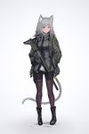  1girl absurdres animal_ears assault_rifle bangs black_boots boots cat_ears cat_girl cat_tail commentary_request deel_(rkeg) eyebrows_visible_through_hair fn_scar full_body gradient gradient_background green_jacket grey_background grey_eyes grey_hair gun hand_in_pocket highres holding holding_gun holding_weapon holster jacket light_blush long_hair long_sleeves looking_at_viewer original pantyhose purple_legwear rifle shirt solo standing tail weapon white_shirt 