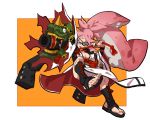  1girl absurdres amputee arm_cannon baiken baiken_(cosplay) big_hair boots breasts cleavage concealed_weapon cosplay cross-laced_footwear domino_mask eyepatch facial_tattoo full_body guilty_gear guilty_gear_xrd highres inkling japanese_clothes kimono lace-up_boots long_hair makai mask medium_breasts one-eyed open_toe_shoes pink_eyes pink_hair ponytail scar scar_across_eye shoes solo splatoon tattoo tentacle_hair weapon wide_sleeves 
