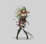  1girl armor boots breasts cuboon elbow_gloves fingerless_gloves fire_emblem fire_emblem:_mystery_of_the_emblem fire_emblem_heroes full_body gloves green_eyes green_hair headband long_hair official_art paola pegasus_knight skirt solo thigh-highs torn_clothes very_long_hair weapon 