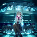  1girl blonde_hair breast_pocket earphones ground_vehicle koumi_haruka pantyhose pocket rail_wars! red_eyes short_sleeves sitting solo train twitter_username uniform vania600 watch watch 