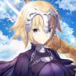  1girl blonde_hair blue_eyes braid breasts breasts_apart clouds cloudy_sky day eyebrows_visible_through_hair highres long_hair looking_at_viewer medium_breasts outdoors parted_lips portrait ruler_(fate/apocrypha) single_braid sky solo ttaji_(pass35) 