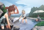 3girls aki_(girls_und_panzer) angry arm_support bangs beach_umbrella blue_jacket blue_pants brown_hair camp casual closed_eyes clothes_around_waist clouds cloudy_sky day dress_shirt eyebrows_visible_through_hair fang fishing fishing_net forest frown girls_und_panzer grey_skirt hair_tie holding ichihyaku_nanajuu jacket jacket_around_waist light_brown_hair long_hair looking_at_another looking_back mika_(girls_und_panzer) mikko_(girls_und_panzer) multiple_girls nature no_pupils open_mouth outdoors pants pants_rolled_up raglan_sleeves red_eyes redhead shading_face shirt short_hair short_twintails sitting skirt sky sleeves_rolled_up smile standing stream tank_top twintails umbrella wading wet wet_clothes white_shirt