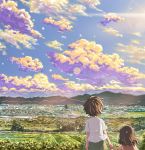  1boy 1girl anime_coloring bare_arms blue_sky brother_and_sister brown_dress brown_hair child clouds commentary_request day dress enokoro_(yamanoko2011) farm from_behind greenhouse hand_holding lens_flare light_particles mountain original outdoors rural scenery shirt short_hair siblings sky sleeveless sleeveless_dress sunset town upper_body white_shirt 