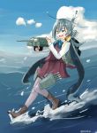  1girl ahoge blue_bow blue_bowtie blue_hair boots bow bowtie ceroliz clouds cross-laced_footwear dress grey_eyes grey_hair hair_between_eyes kantai_collection kiyoshimo_(kantai_collection) lace-up_boots long_hair low_twintails multicolored_hair ocean on_water one_eye_closed open_mouth outdoors pantyhose purple_legwear rigging shirt sky sleeveless sleeveless_dress solo thigh_strap torpedo_tubes turret twintails twitter_username very_long_hair white_shirt 