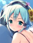  blue_hair blush chestnut_mouth close-up commentary_request eyebrows_visible_through_hair flower goggles goggles_on_head green_eyes hair_between_eyes hair_flower hair_ornament looking_at_viewer outdoors shinon_(sao) sousouman swimsuit sword_art_online water_drop 