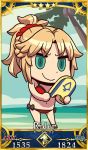  1girl bikini blonde_hair breasts chibi fate/grand_order fate_(series) green_eyes highres holding mordred_(swimsuit_rider)_(fate) navel official_art ponytail red_bikini riyo_(lyomsnpmp) saber_of_red smile solo surfboard swimsuit 