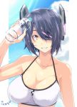  1girl arm_up bangs bare_arms bare_shoulders bikini_top blue_sky bottle breasts brown_eyes cleavage collarbone eyepatch grin headgear holding holding_bottle kantai_collection kichihachi large_breasts one_eye_covered parted_lips purple_hair shiny shiny_skin short_hair signature sky smile solo sweat swept_bangs teeth tenryuu_(kantai_collection) upper_body water_bottle white_bikini_top 